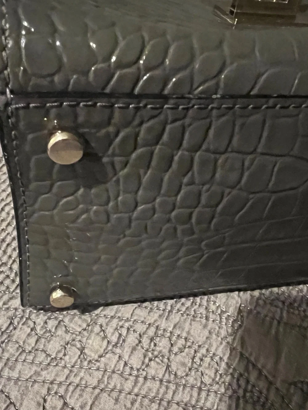 Kate Spade Doris Croc Embossed Dark Gray Patent Structured Tote Bag w/ 2 Handles